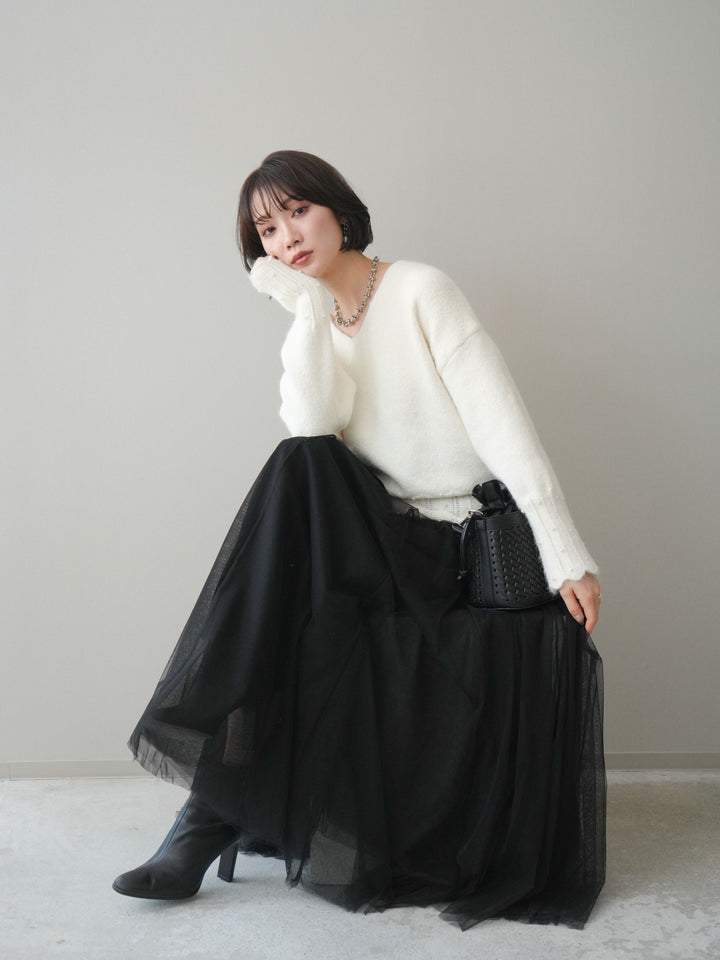 [SET]パールフリルリブヘムニットプルオーバー+チュールボリュームスカート(2set)