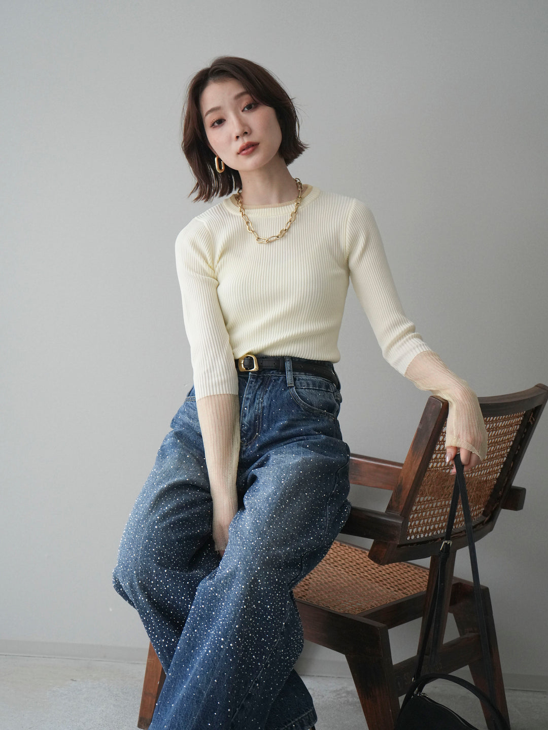 [SET]リブラメシアー切替リブニットトップス+ラインストーンカーブデニムパンツ(2set)