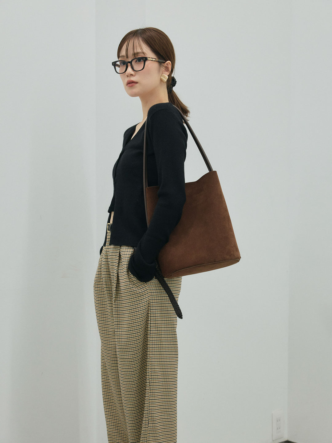 【Allure】[SET]フロントツイストリブニットトップス+チェック柄タックワイドパンツ(2set)