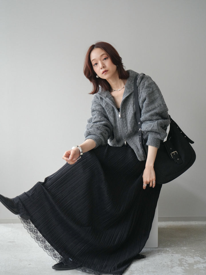 [SET]ケーブル編みハイネックZIPニットカーディガン+裾レーススウェードプリーツマキシスカート(2set)