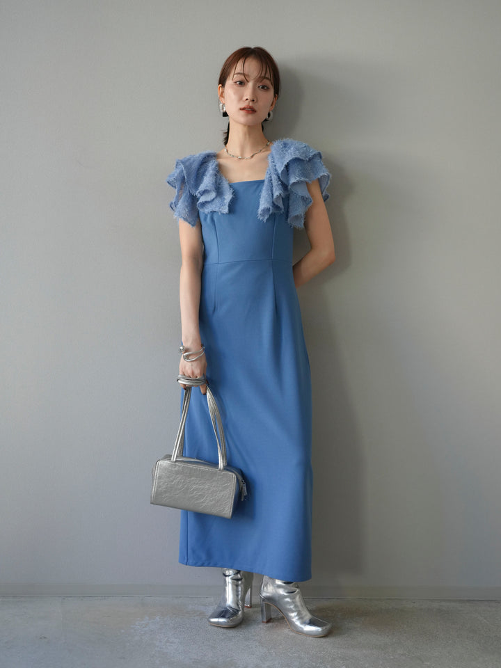 [予約]ジャガードフレアスリーブドレス/ブルー