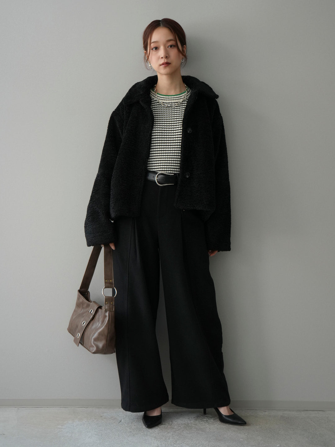 [SET]エコファーステンカラージャケット+ラメ異素材ボーダーリブニットプルオーバー+ベルト付起毛コクーンパンツ(3set)