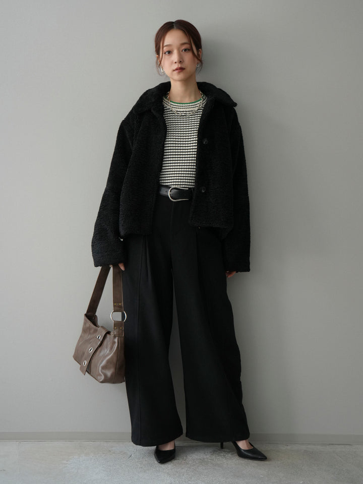 [SET]エコファーステンカラージャケット+ラメ異素材ボーダーリブニットプルオーバー+ベルト付起毛コクーンパンツ(3set)