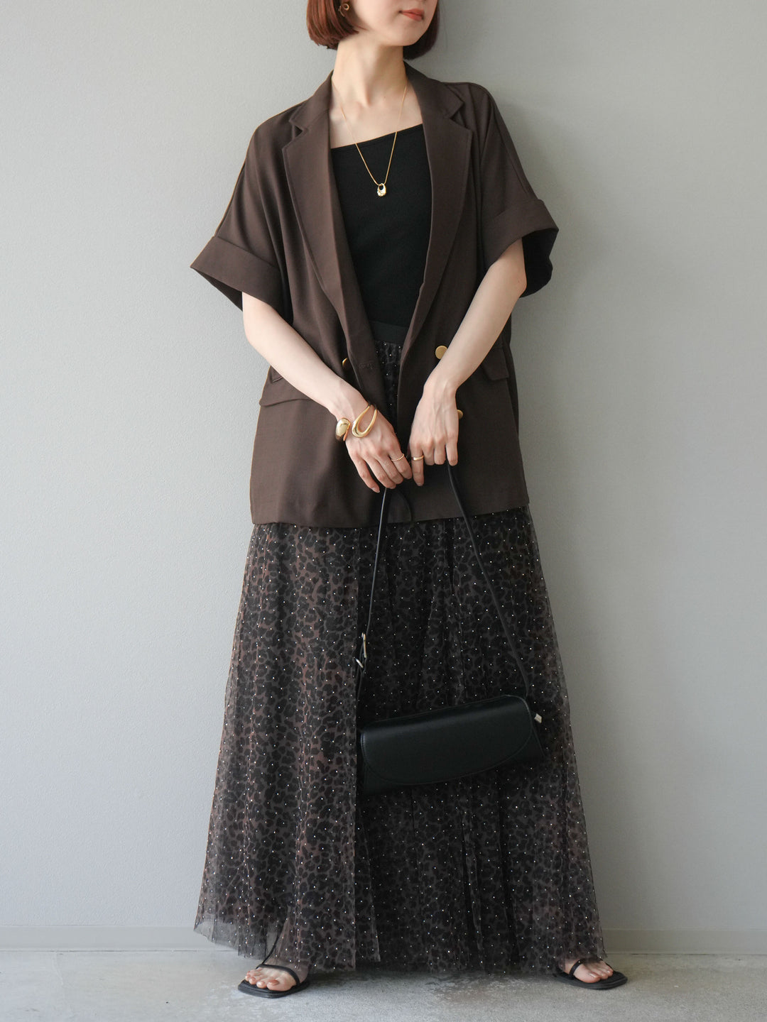 [5] 豹紋薄紗層疊百褶裙/摩卡色