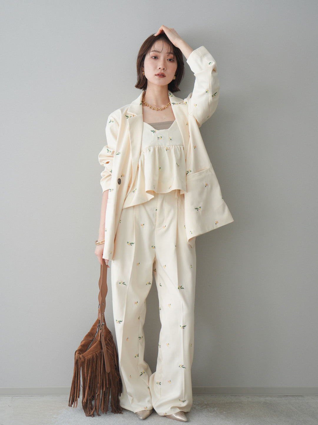 [予約]フラワー刺繍タックパンツ/ivory