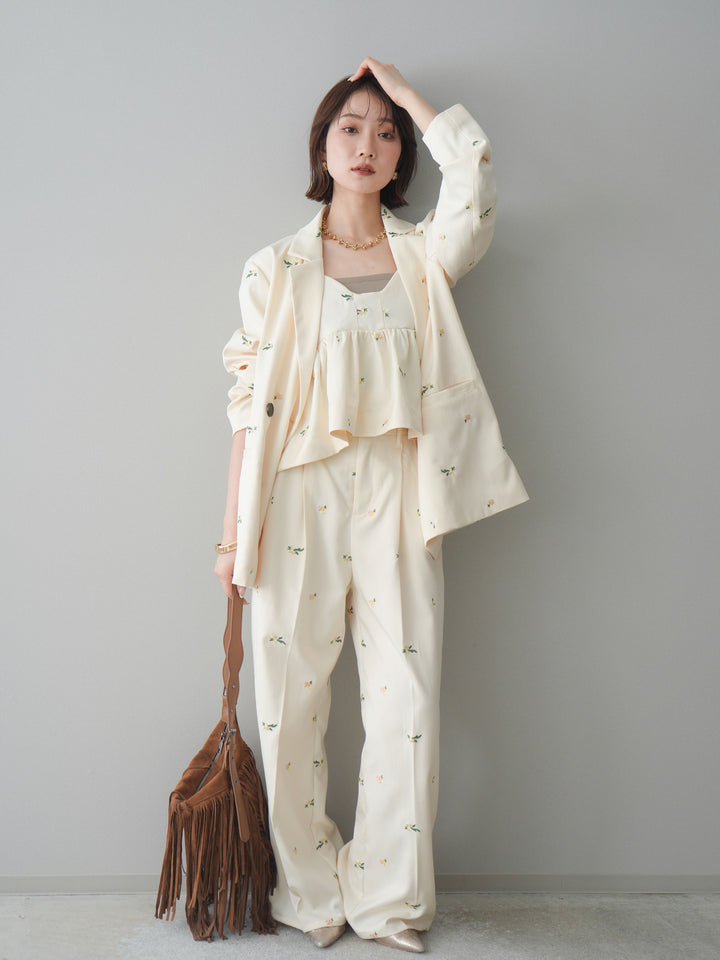 [予約]フラワー刺繍タックパンツ/ivory