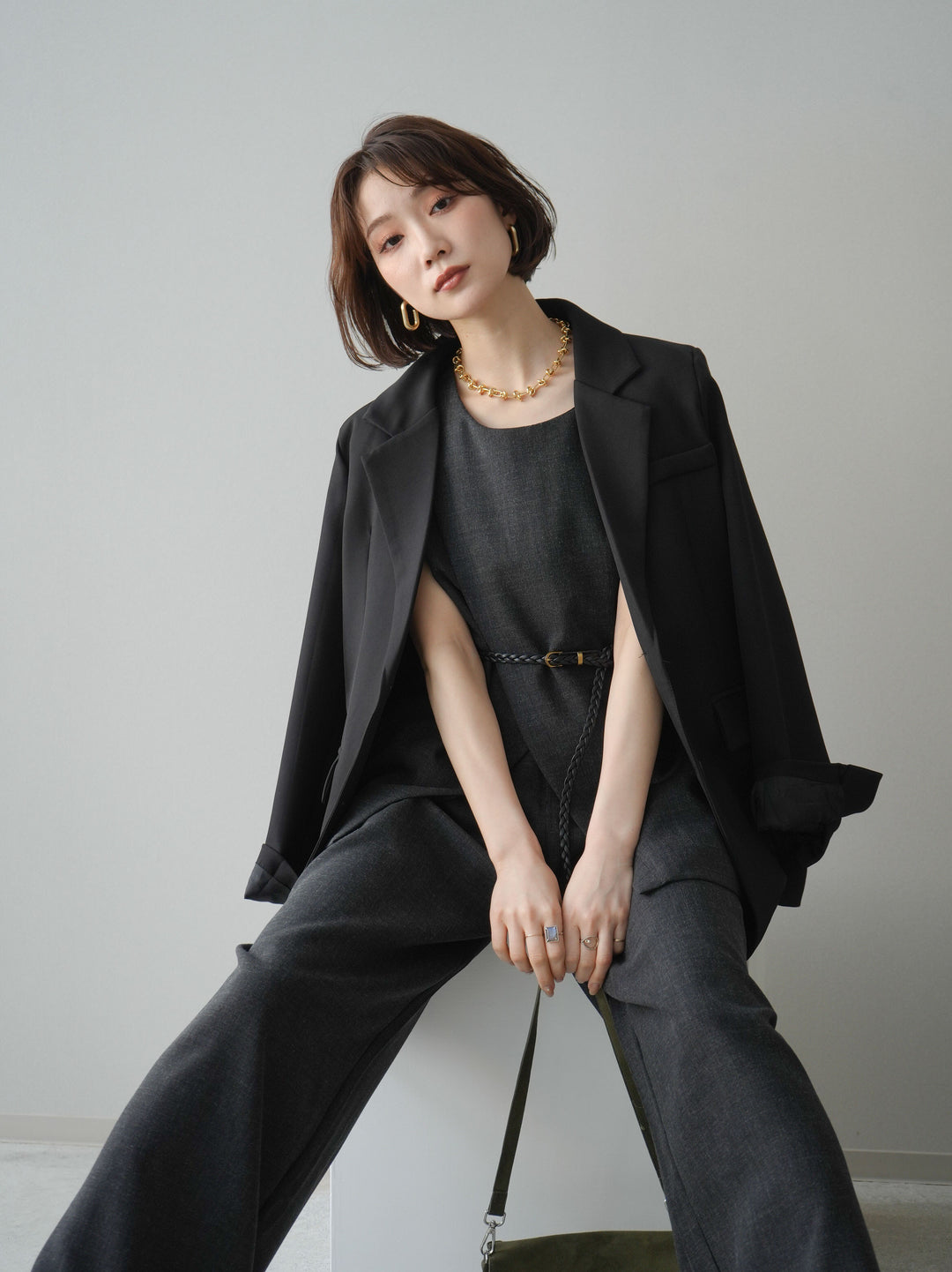 [SET]ベルト付ノースリーブトップス＆ワイドパンツSETUP