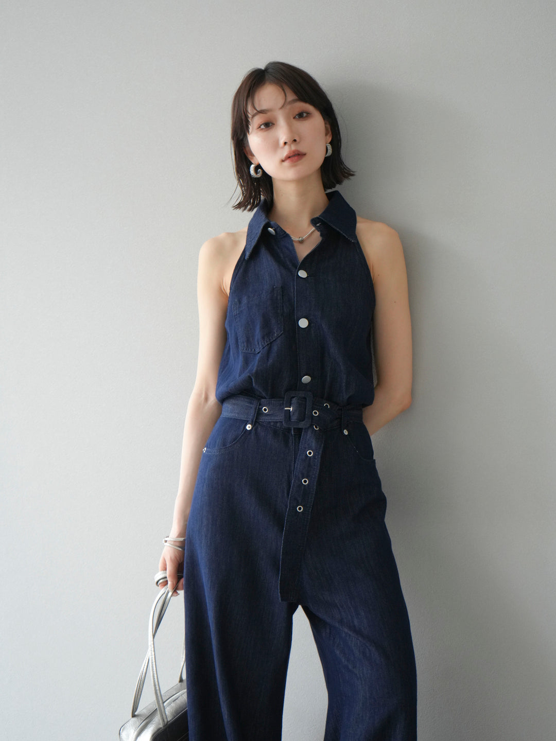 【預購】翻領牛仔連身衣/深藍色