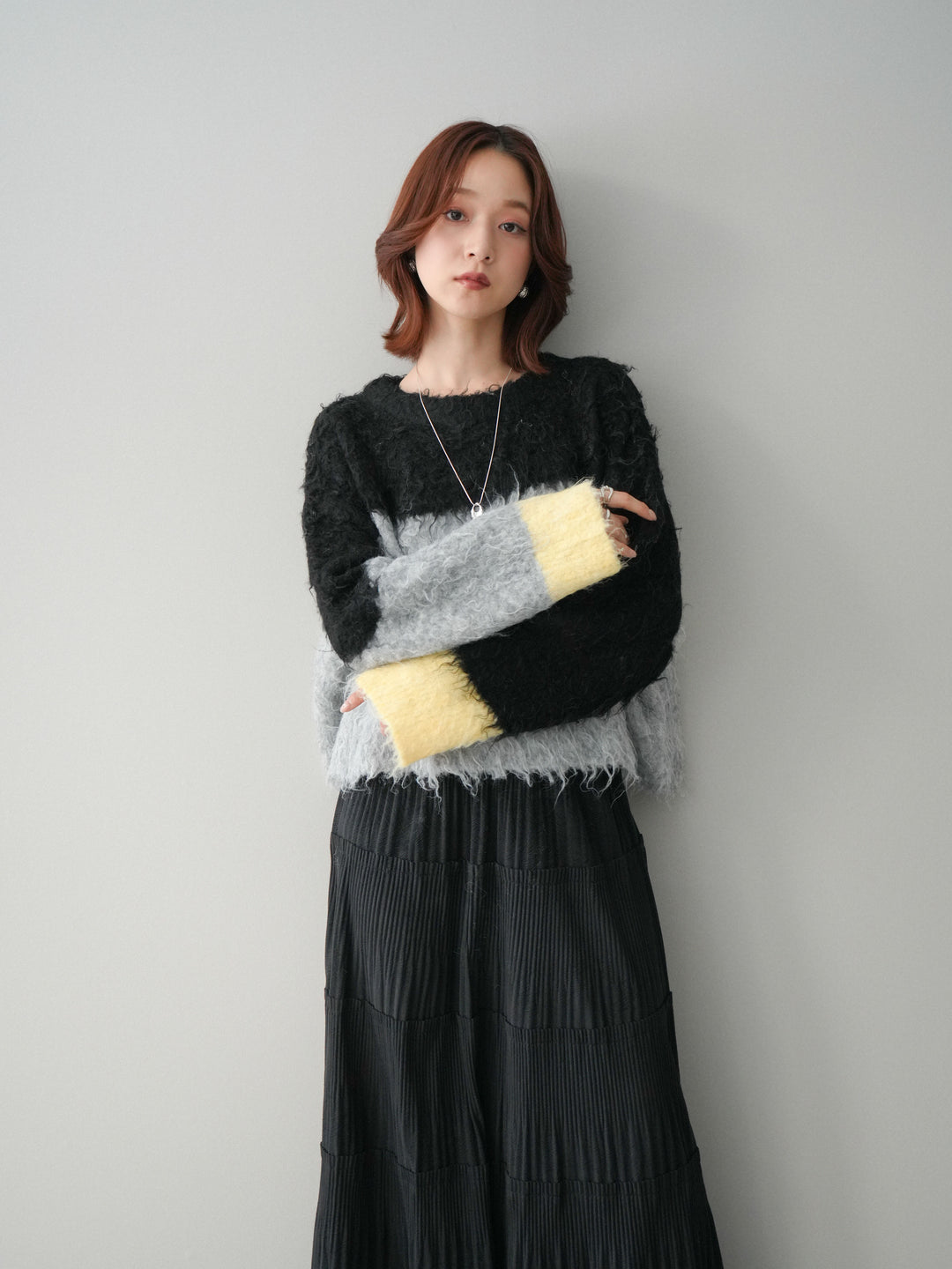 [SET]バイカラーモヘアタッチニットプルオーバー+型押しスエードティアードプリーツスカート(2set)