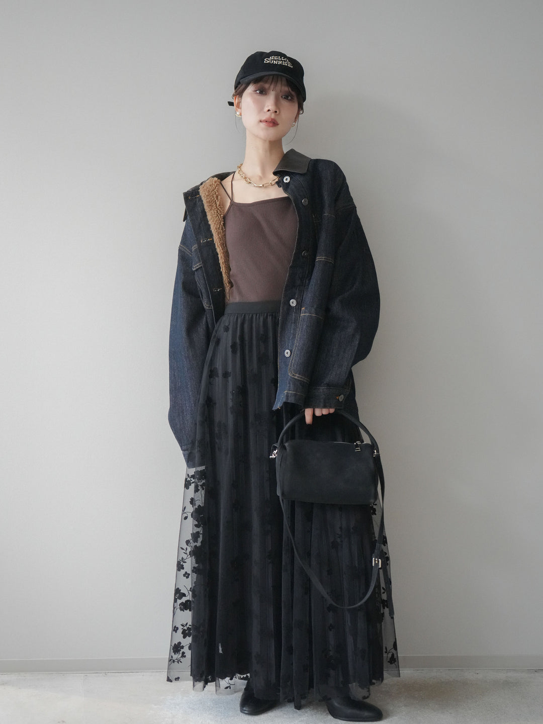 [SET]裏地ファーデニムフライトジャケット+フラワーフロッキーチュールプリーツスカート(2set)
