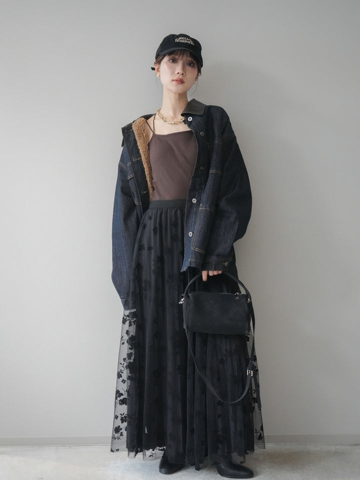 [SET]裏地ファーデニムフライトジャケット+フラワーフロッキーチュールプリーツスカート(2set)