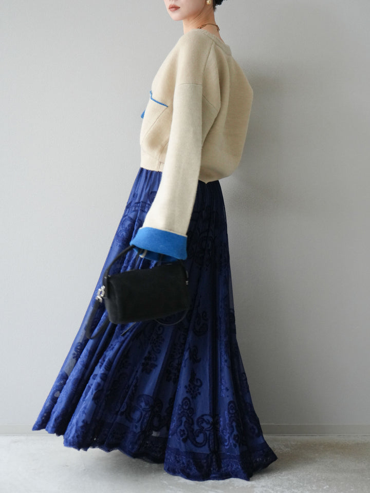 [SET]バイカラーオーバーニットカーディガン+アンティーク柄フロッキーマキシスカート(2set)