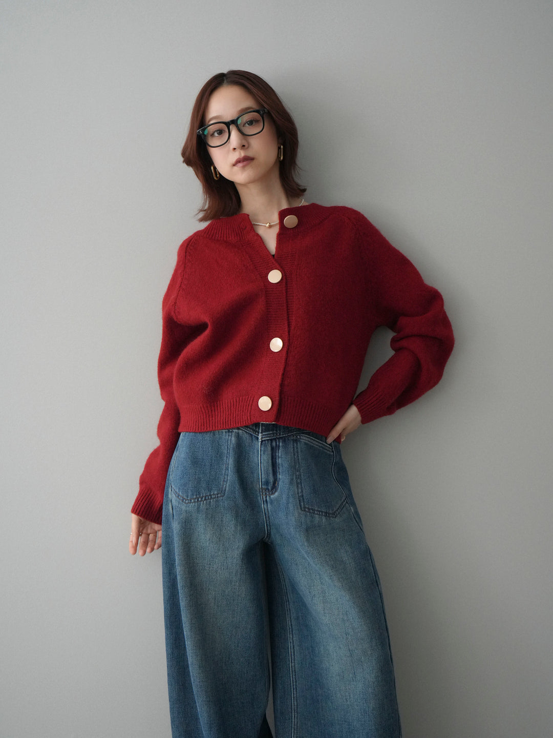 [SET]BIGボタンニットカーディガン+ベルト付裏起毛カーブデニムパンツ(2set)