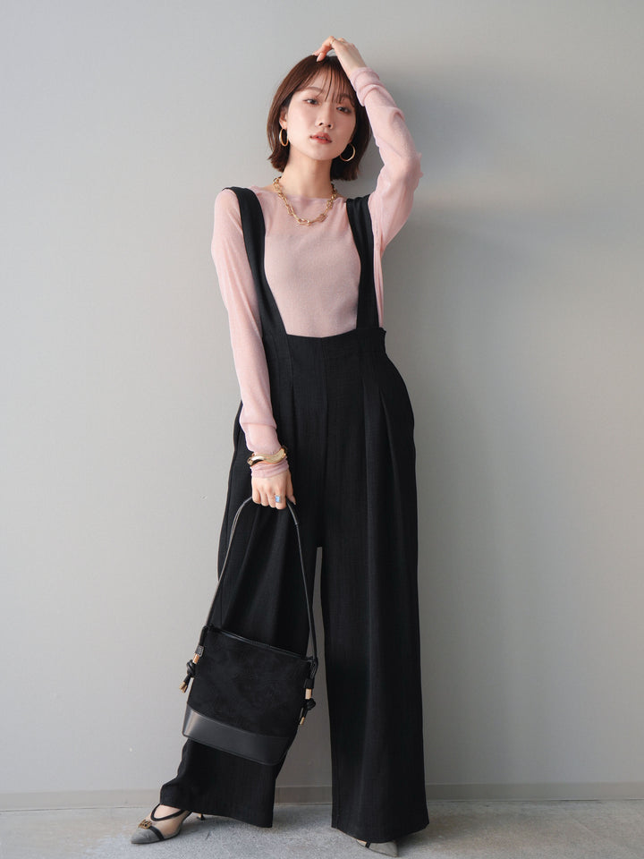 [予約]シボ加工ハイウエストタックサロペット/black