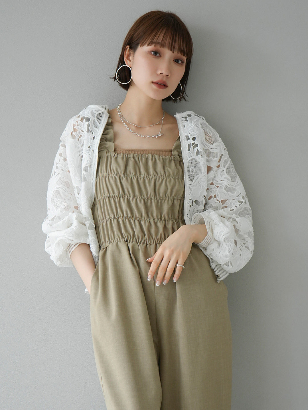 [SET] Shirring design overalls + all-lace blouson (2 sets)