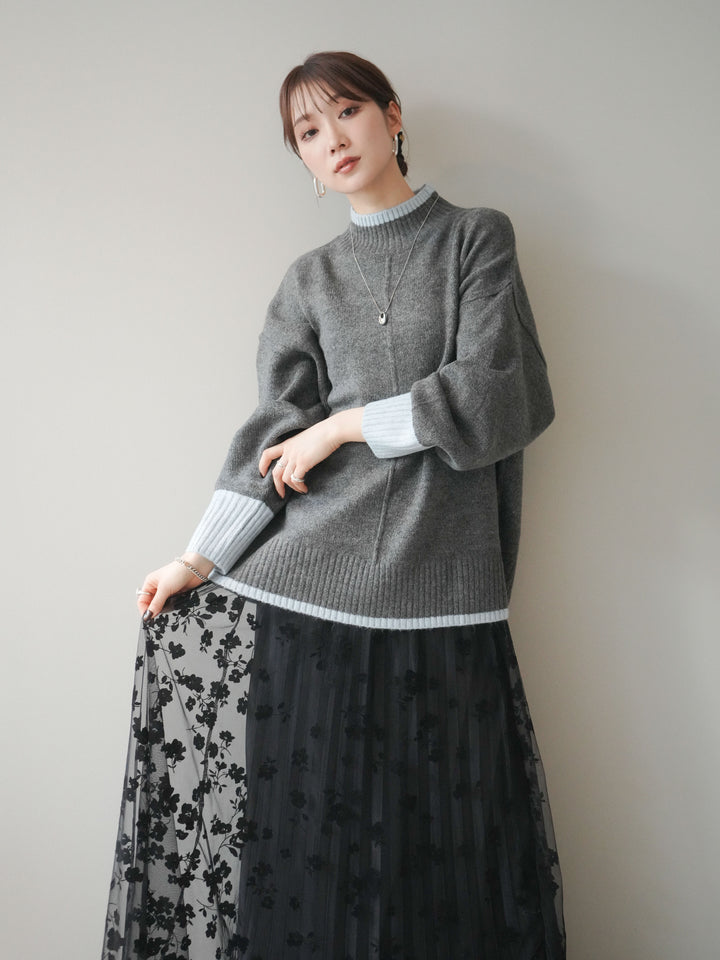 [SET]配色ハイネックニットプルオーバー+選べるアクセセット(2set)