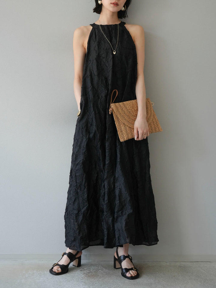 【預購】提花掛脖洋裝/黑色