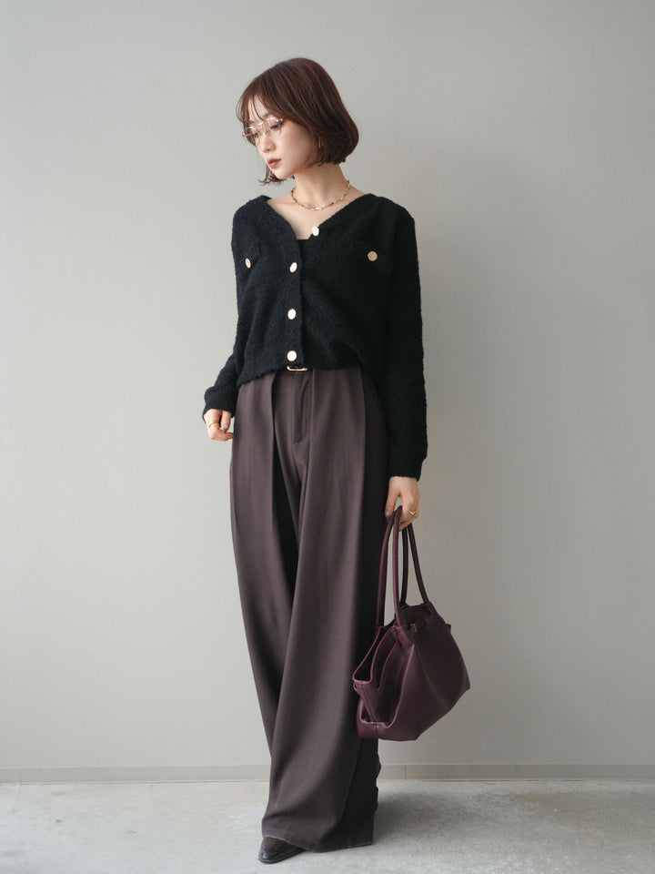 [SET]ゴールドボタンモールニットカーディガン+ベルトループデザインワイドパンツ(2set)