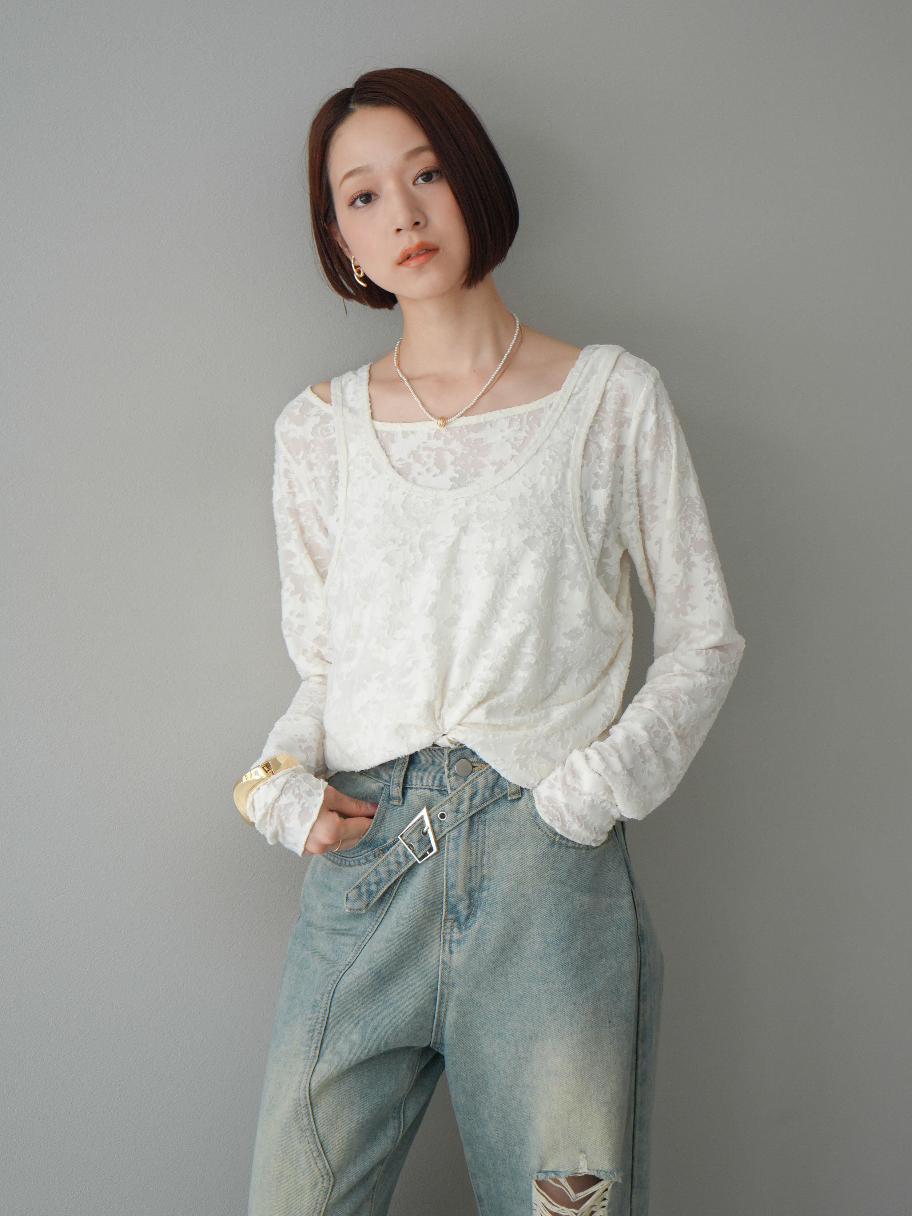 トップス aya ダイヤ柄シアートップス/ホワイト – Lumier