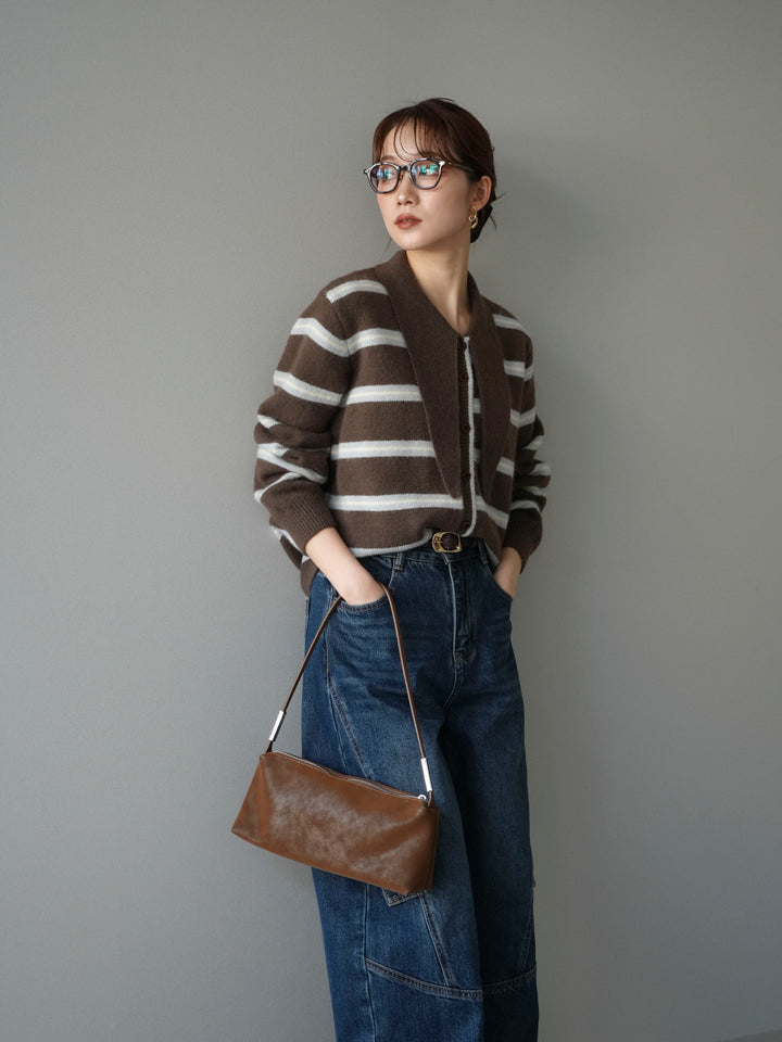 [予約]ボウタイボーダーニットカーディガン/brown
