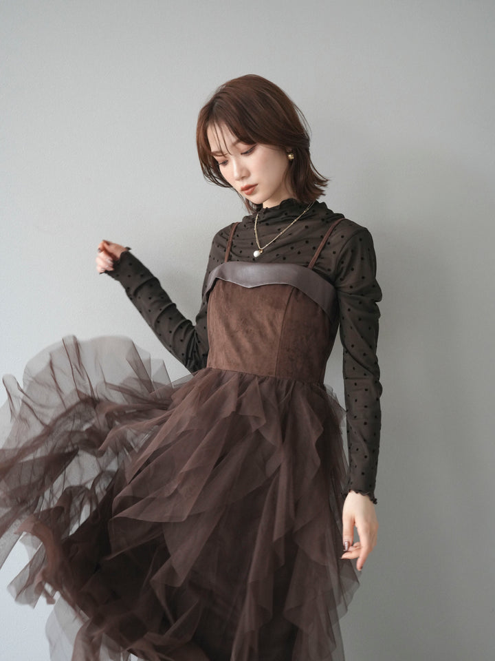 [予約]レザー切替チュールラッフルワンピース/brown