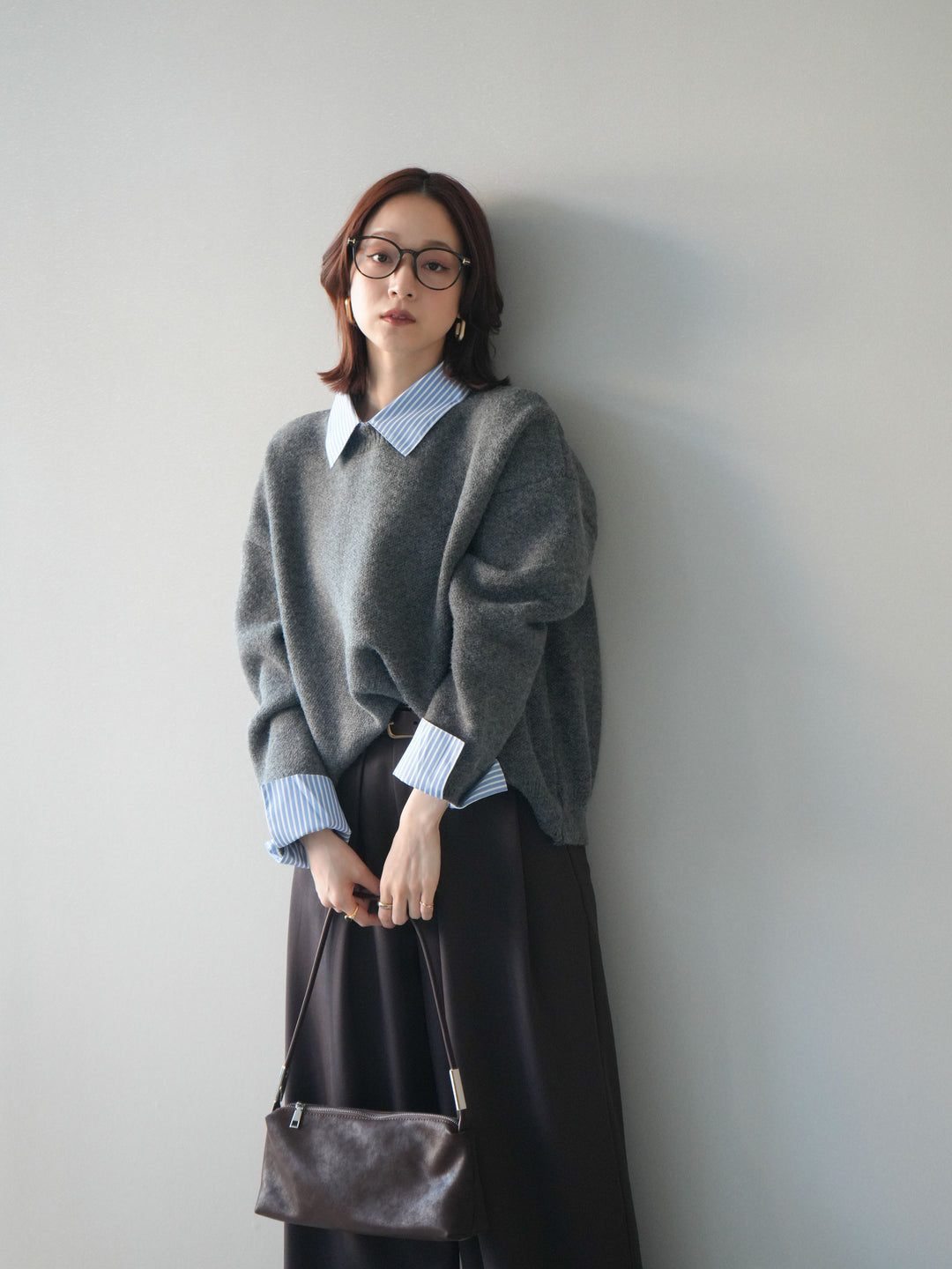 [SET]2WAYストライプ襟ニットプルオーバー+ベルトループデザインワイドパンツ(2set)