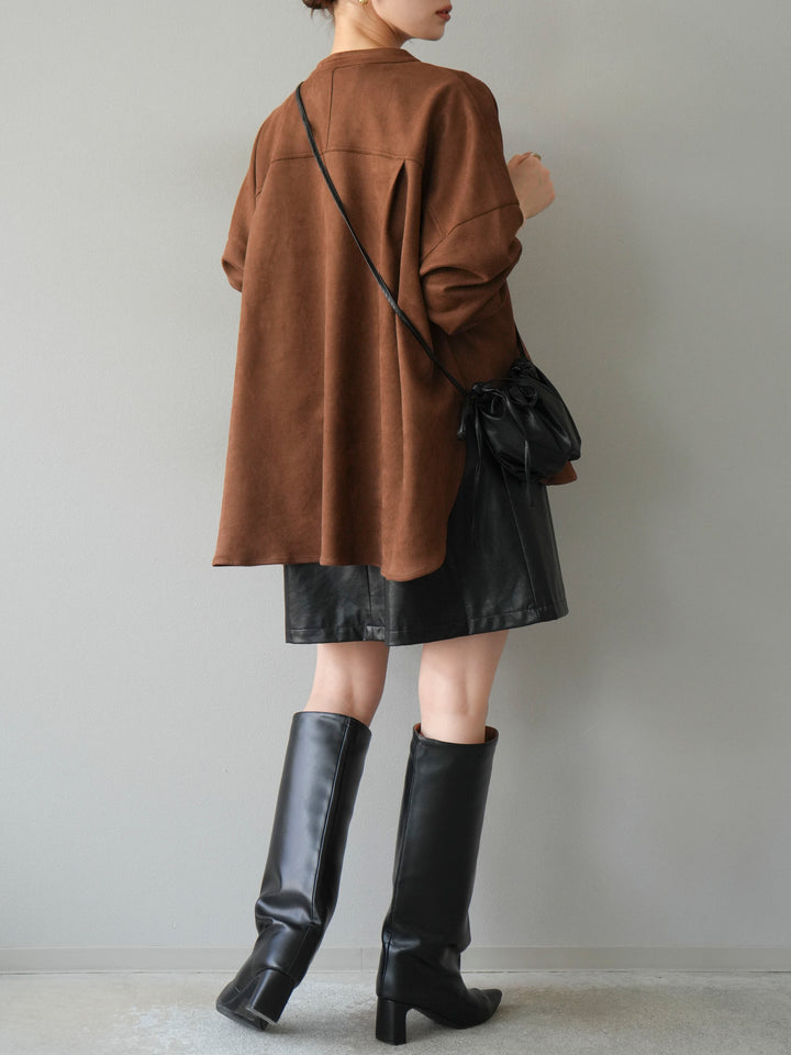 [SET] 麂皮立領外套襯衫 + 附單肩包皮革迷你連身裙（2 套）