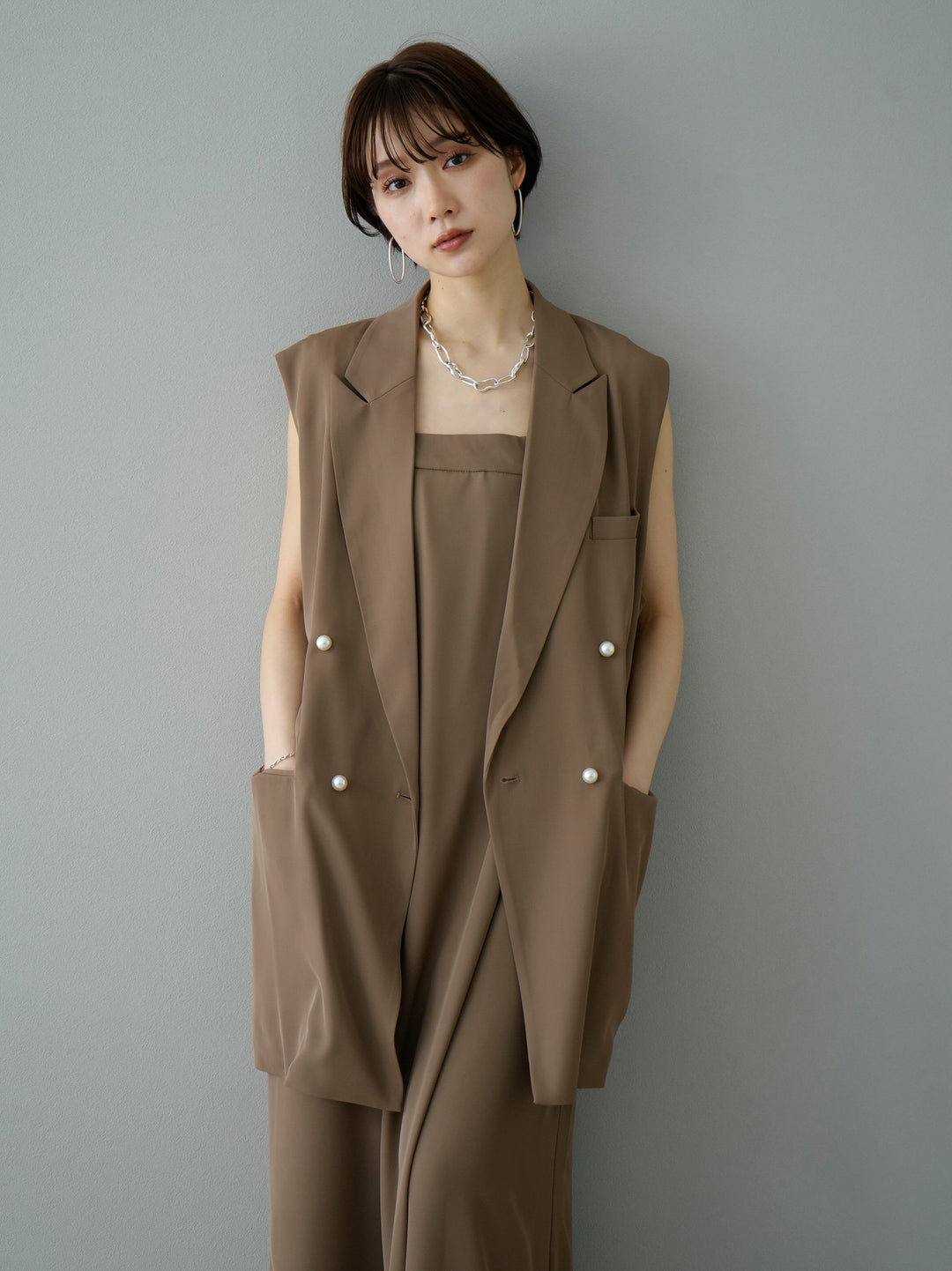 [Pre-order] Pearl button tailored jacket vest/mocha