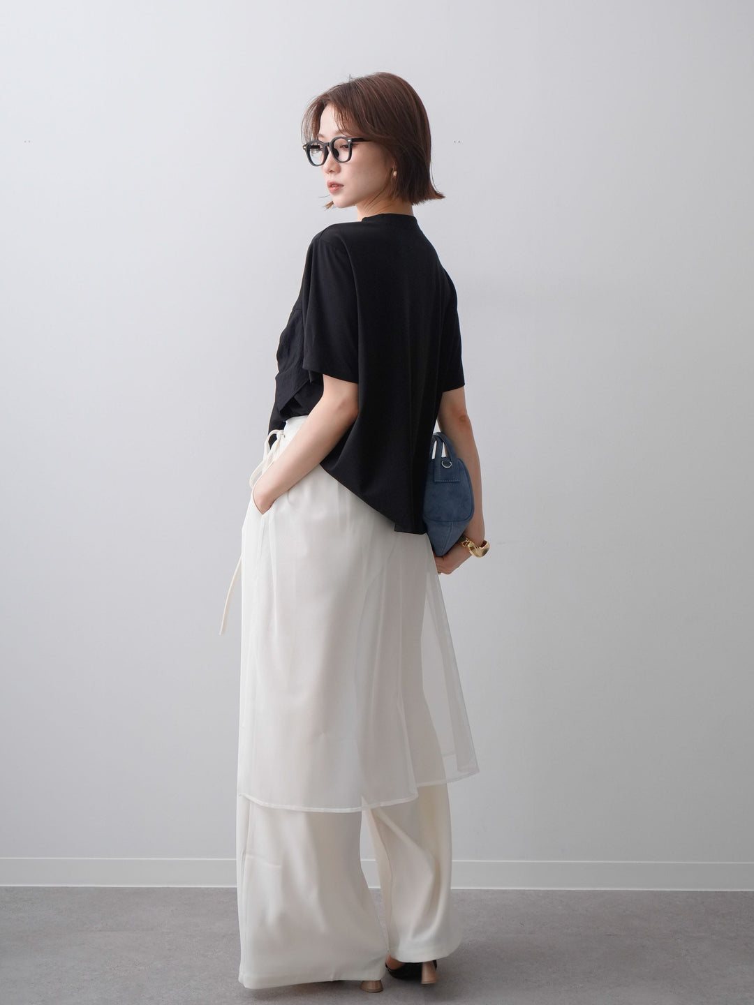 [SET]ラッフルドッキングTEE+シアーエプロン付ドレープタックワイドパンツ(2set)