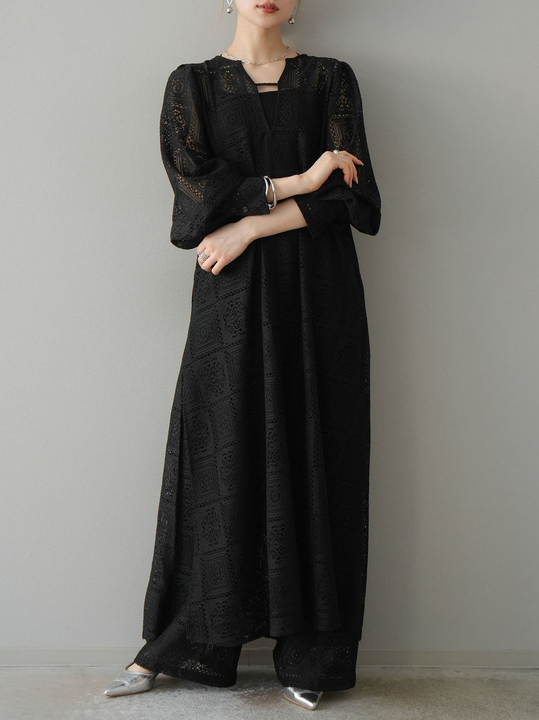 [予約]ブロックレースワイドパンツ/ブラック