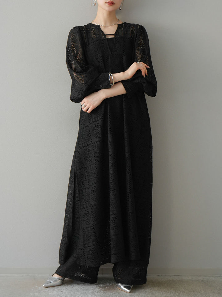 [予約]ブロックレースワイドパンツ/ブラック