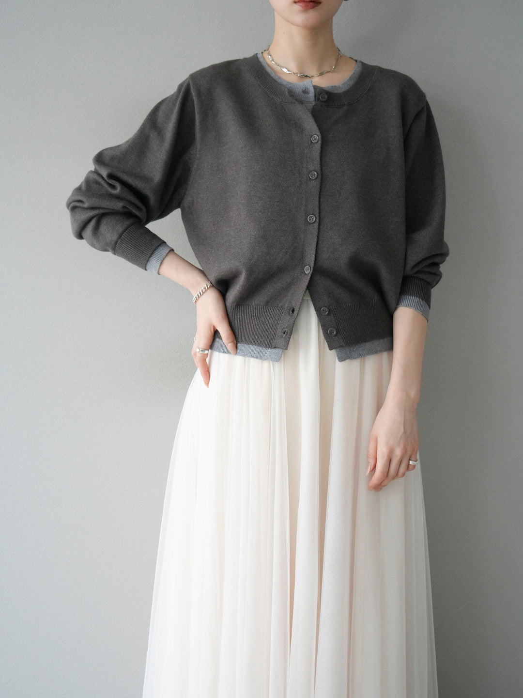 [SET]配色レイヤードカーディガン+チュールボリュームスカート(2set)