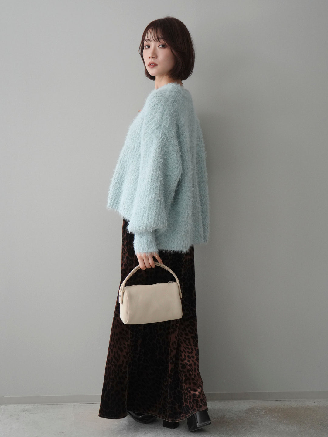 [SET]ボリュームスリーブシャギー MIXニットプルオーバー+レオパードベロアナロースカート(2set)