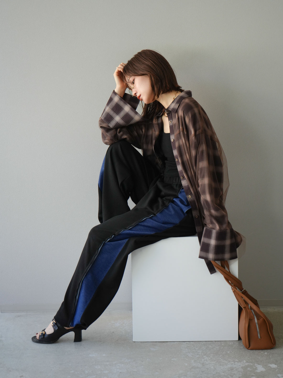 [套裝] 薄紗對接格紋寬鬆襯衫 + 牛仔布 Switch 2-Way 設計運動褲 (2 套)