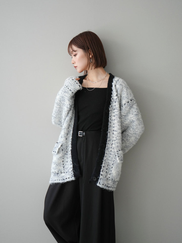 [SET]ブークレハンドステッチニットカーディガン+ベルトループデザインワイドパンツ(2set)