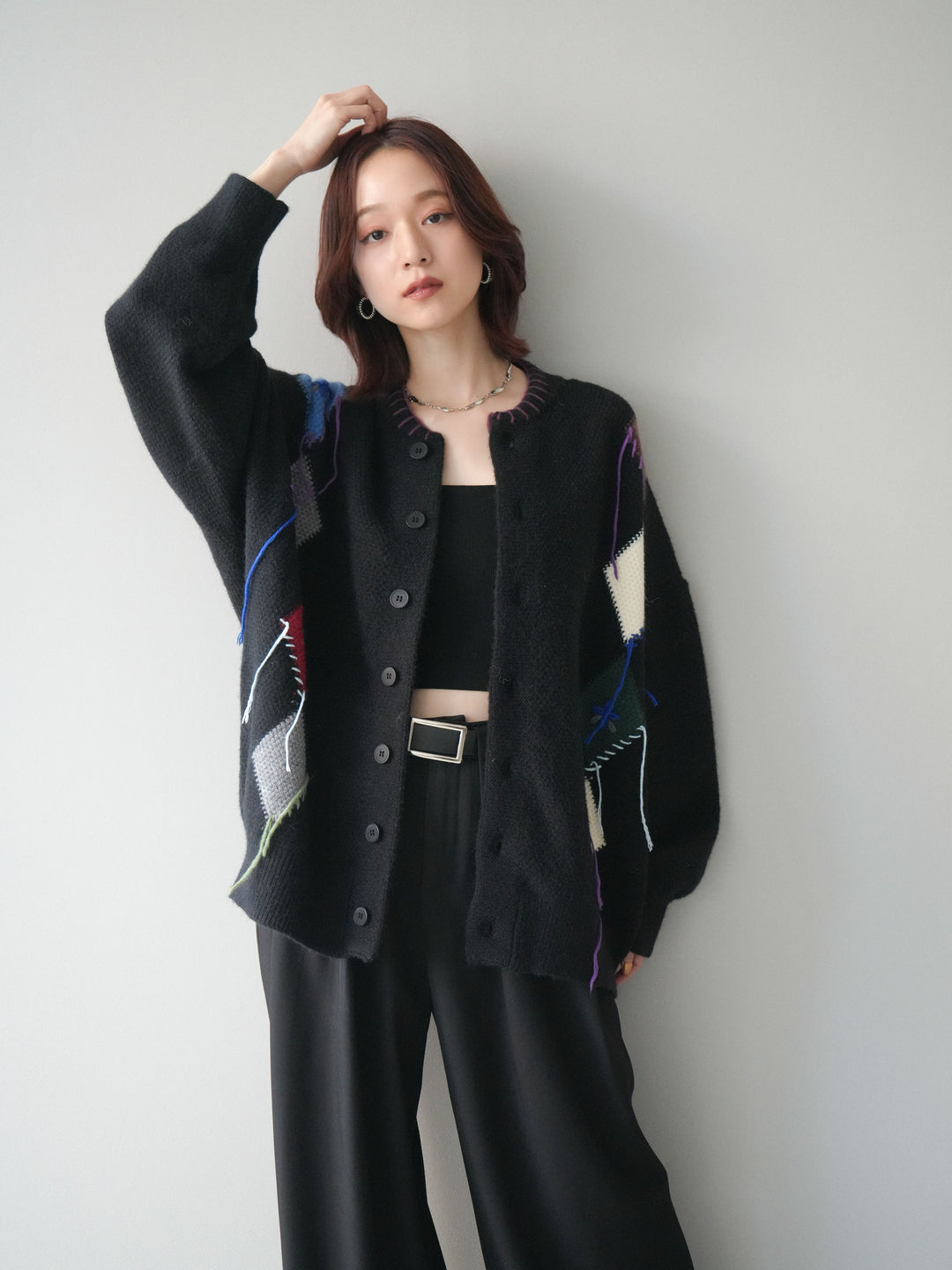 [SET]ハンドステッチアーガイルデザインニットカーディガン+ベルトループデザインワイドパンツ(2set)