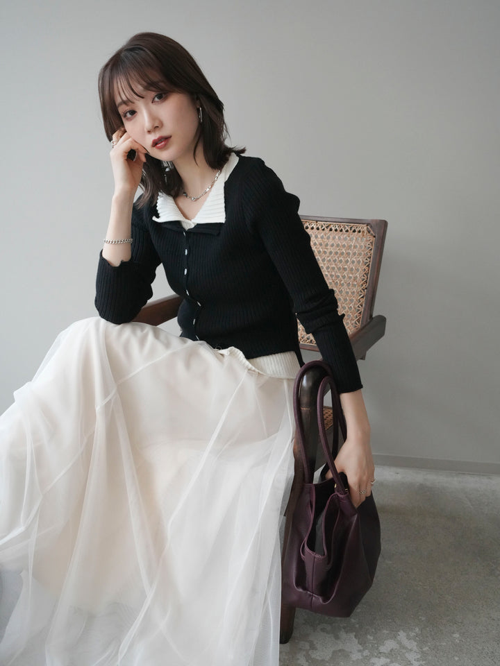 [予約]配色レイヤードリブニットカーディガン/black