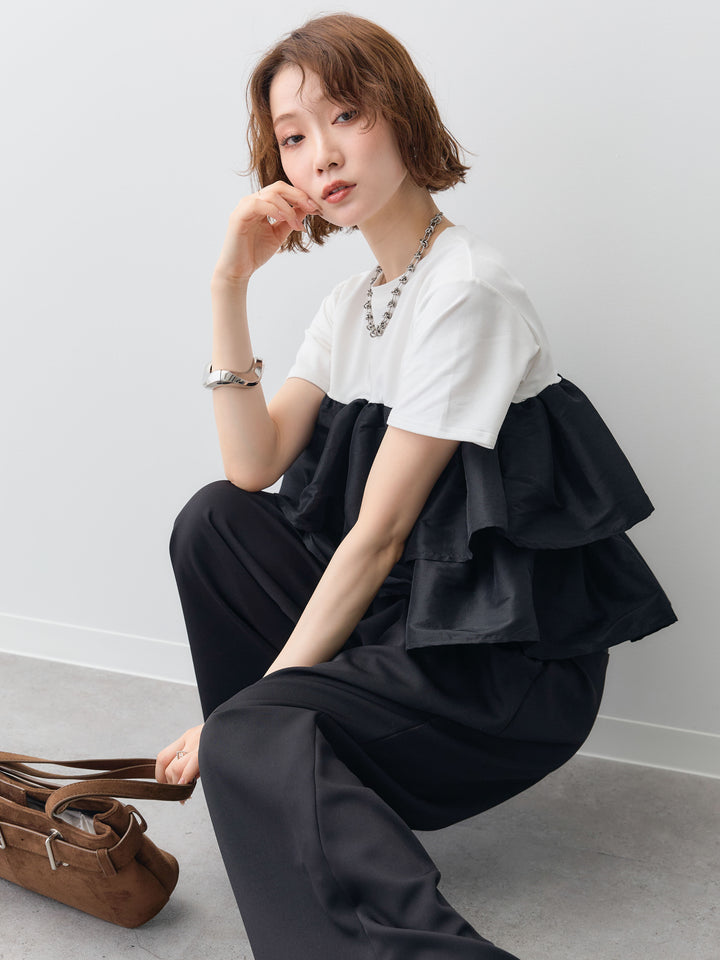 [SET]フリルティアードTEE+クレープデシンタックワイドパンツ(2set)