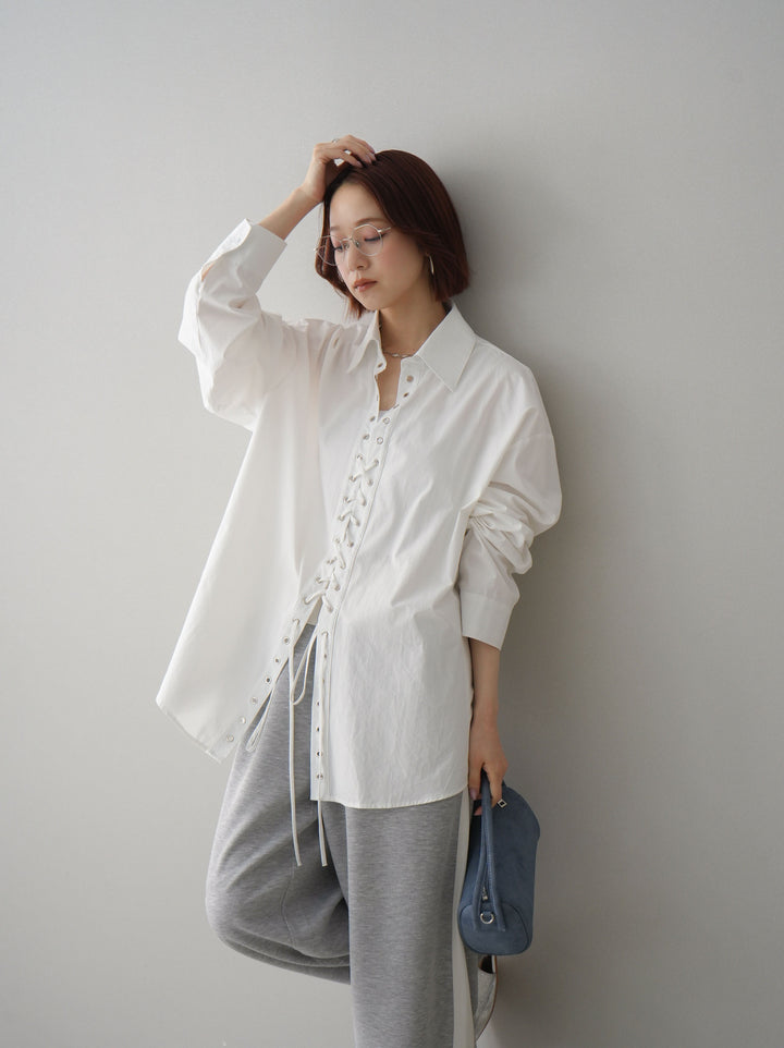 [SET]レースアップブロードシャツ+バイカラー異素材サイドラインライトポンチパンツ(2set)