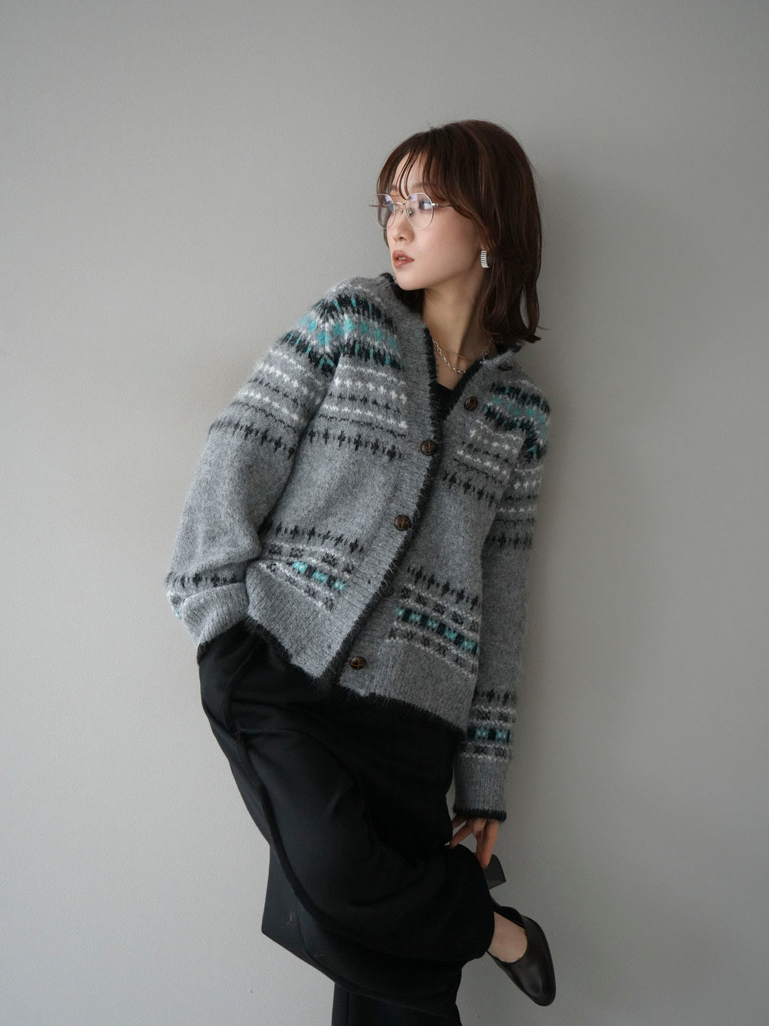 [SET]求心柄ウッドボタンニットカーディガン+選べるアクセセット(2set)