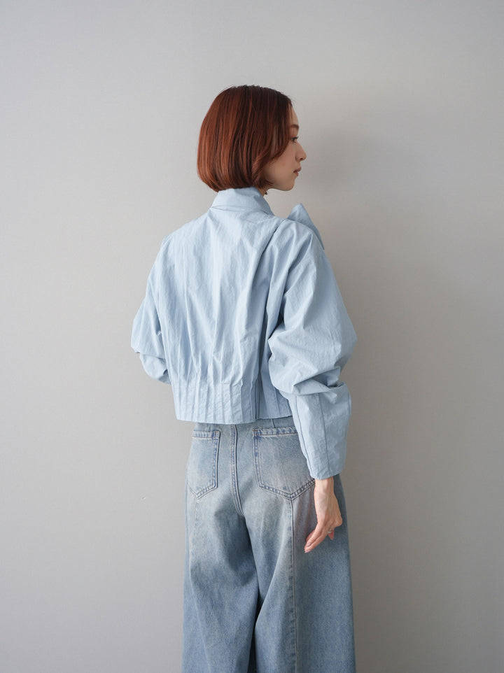 [SET]ボウタイ裾プリーツライトジャケット+フロントビジューカーブデニムパンツ(2set)