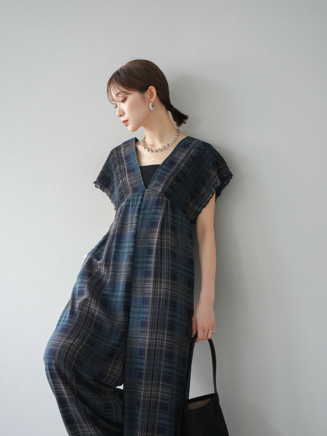 [套裝] 透視格紋褶皺背帶褲 + 配件套裝（2 套）