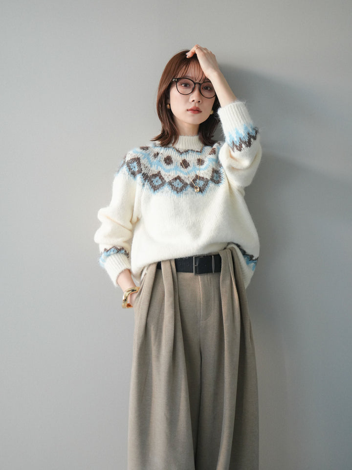 [SET]ソフトタッチ求心柄ニットプルオーバー+ベルトデザインループコールテンワイドパンツ(ベルト付き)(2set)