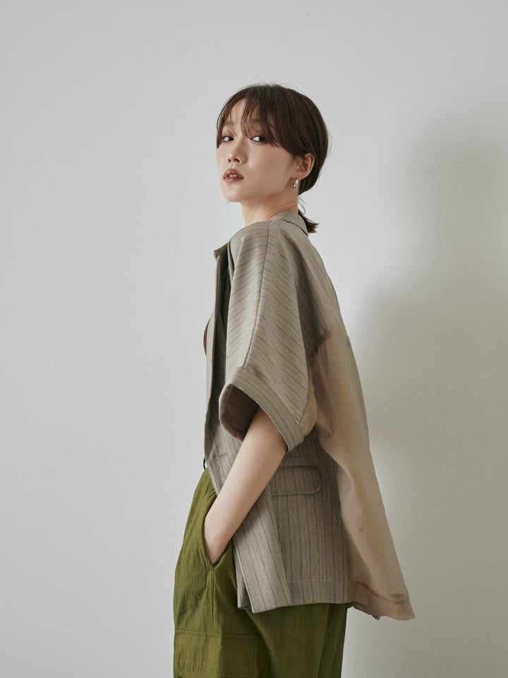 [予約]バックオーガンジーヘリンボーンストライプハーフジャケット/グレージュ