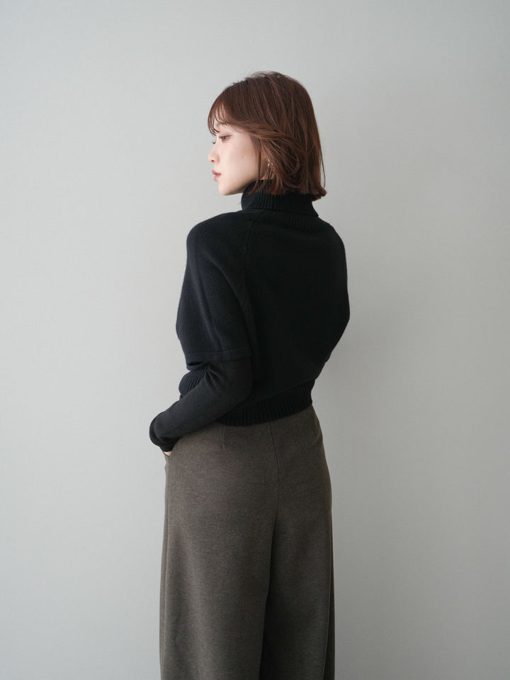 [予約]ケーブル編みタートルハーフスリーブニットアンサンブル/black