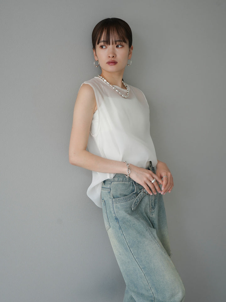 [SET] Organdy sleeveless top + belt asymmetrical damaged denim (2set)