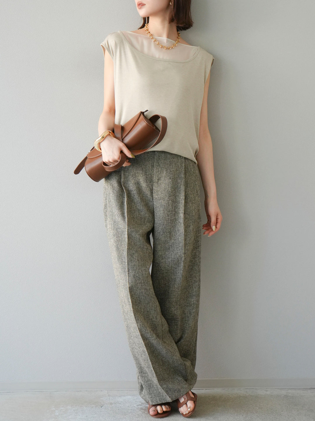 [予約]ミックスツイードタックパンツ/ブラウン