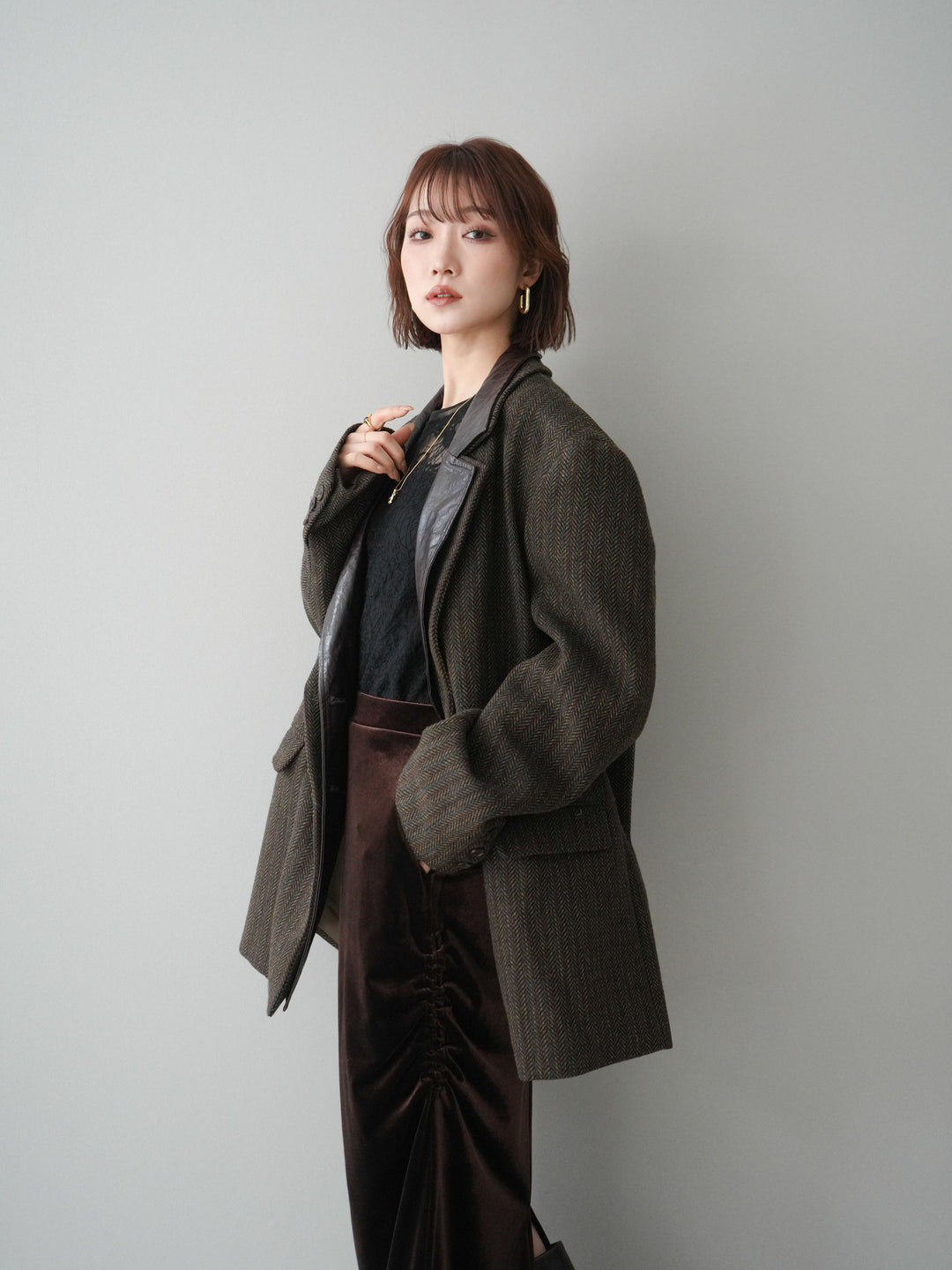 [20%オフ]レイヤードデザインツイードテーラードジャケット/brown