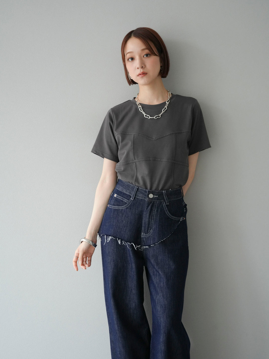 [SET]ビスチェデザインTシャツ+ヒップデザインデニムパンツ(2set)