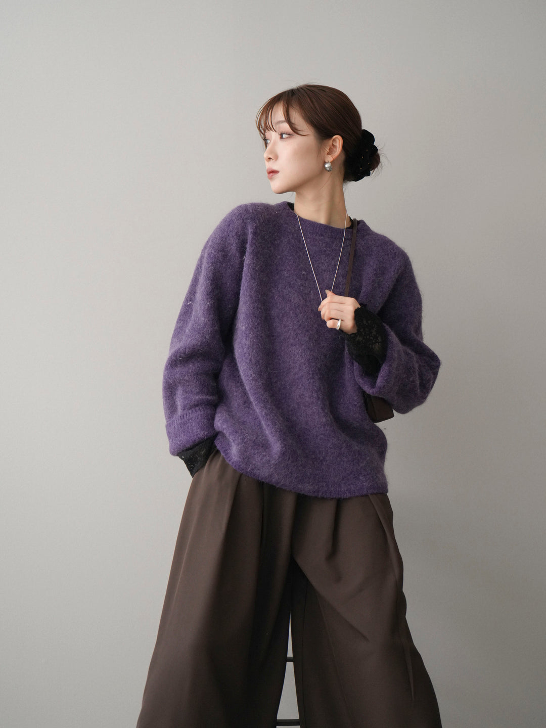 [SET]アンゴラタッチクルーネックニットプルオーバー+チュールレーストップス(2set)